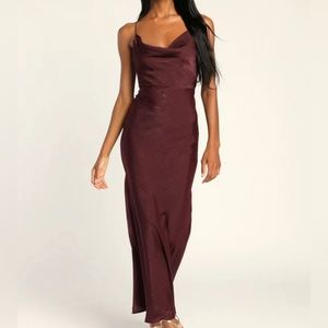 Evening Plum Purple Satin Cowl Neck Maxi Dress